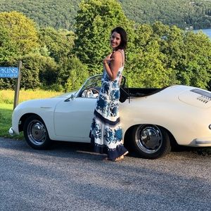 Farm rio “tropical tiles” blue and white maxi dress.